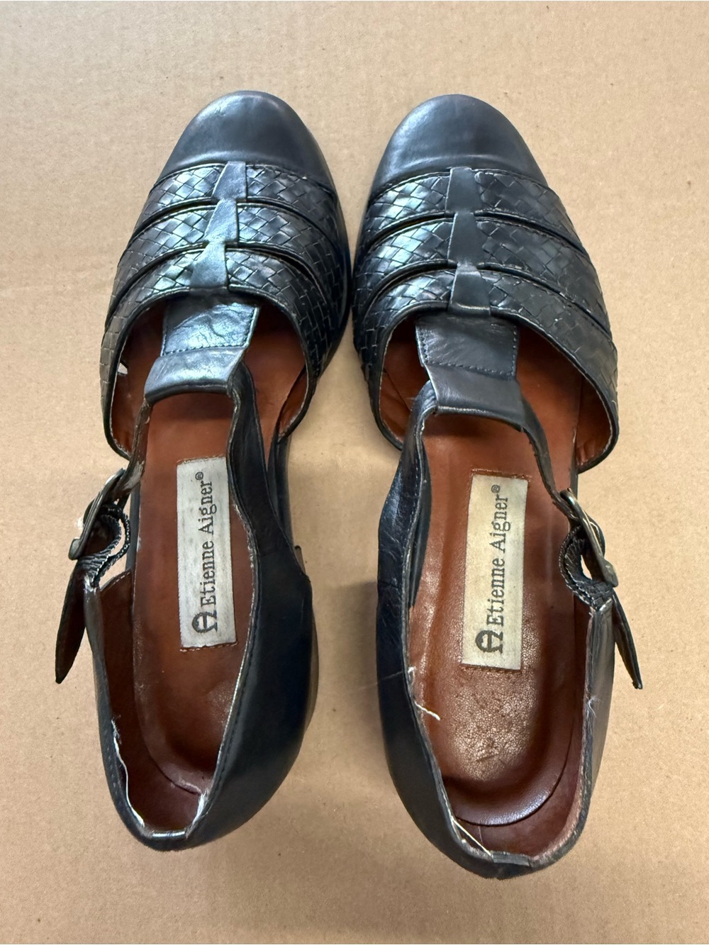 Etienne Aigner Black Leather Woven Slingback Loafers